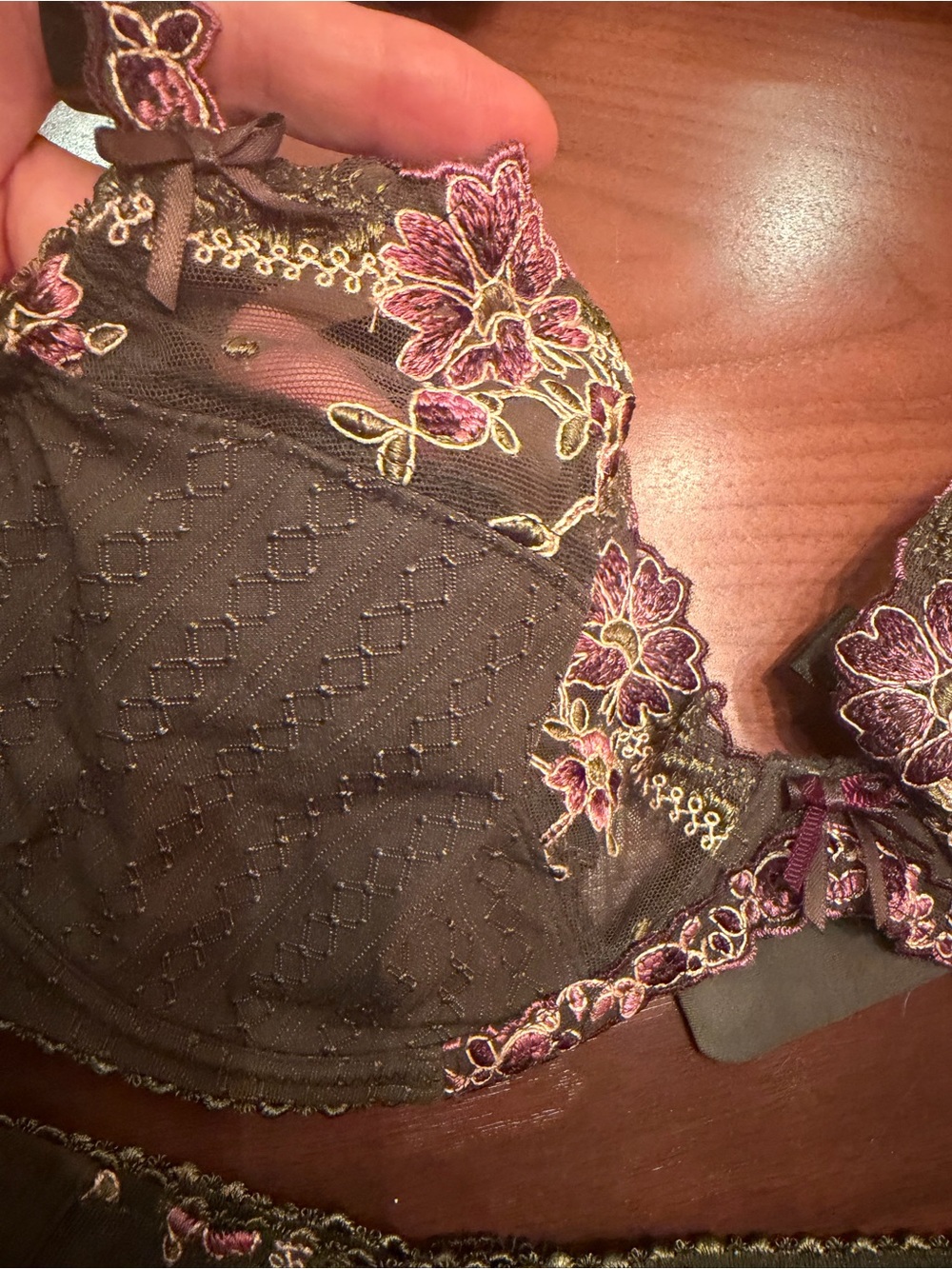 Contourelle Olive Green Bra and Brief Set 34D with Pink Floral Embroidery